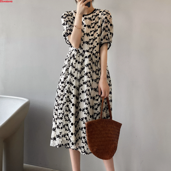 Korean Women Floral Layered Loose Casual Summer Beach Pleated Boho Shirt Dress