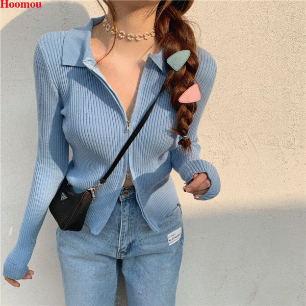Women Fashion Korean Zip Stretch Slim Cropped Knit Top Sweater Blouse Shirts